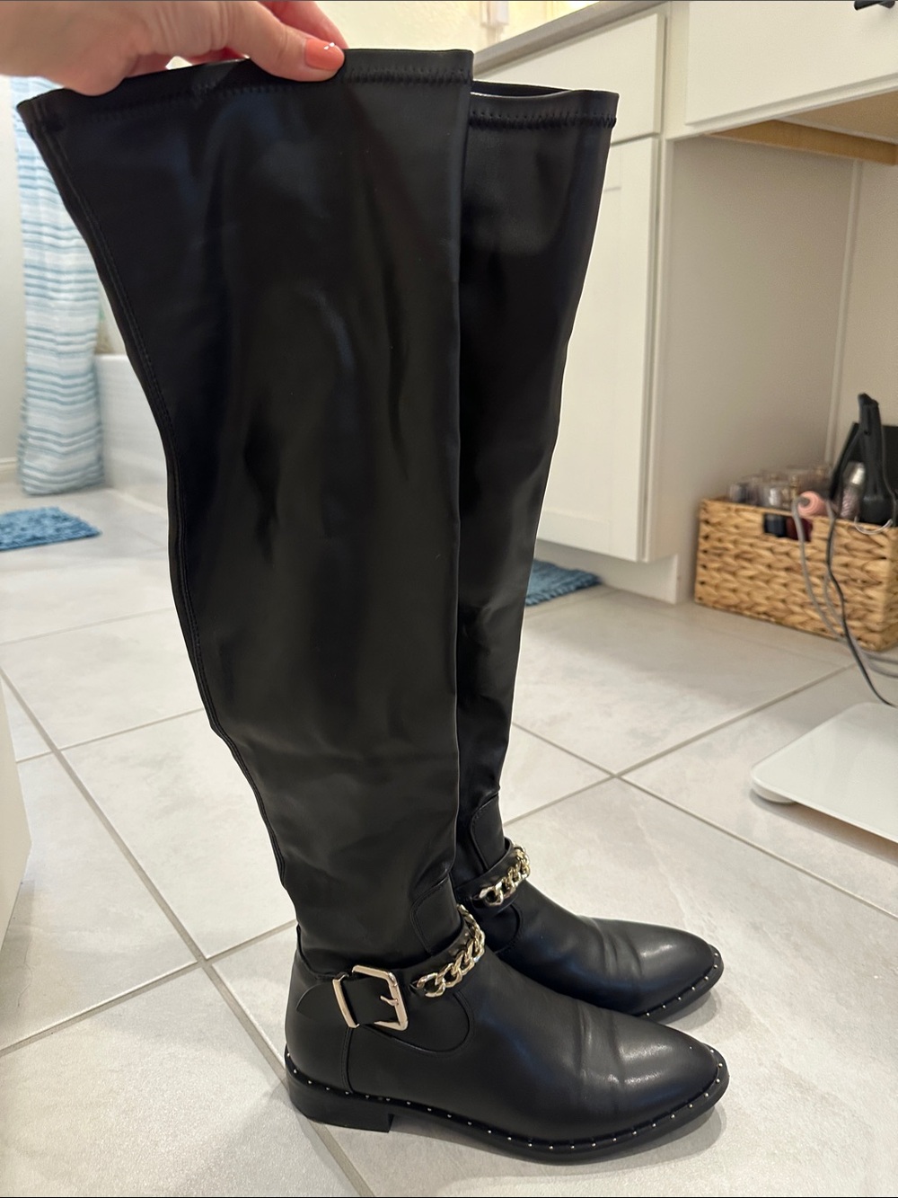 ZARA Black Knee High Boots with Chain & Buckle